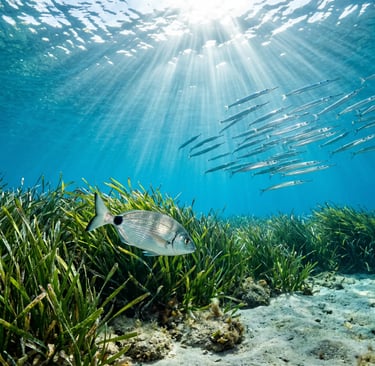 Underwater view of seagrass meadow, sea bream and needlefish in clear Adriatic waters