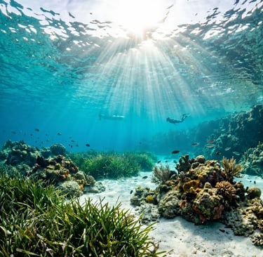 Underwater view of snorkelers, sunrays and seagrass in clear Adriatic water near Hvar.