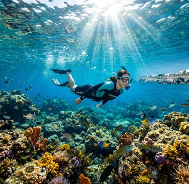 Female snorkeler in wetsuit exploring coral reef with tropical fish near Puglia coast