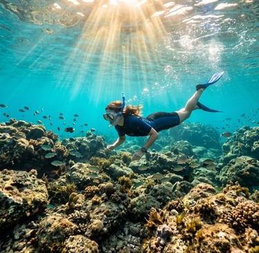 Woman snorkeling over rocky seabed with fish in crystal-clear Croatian waters