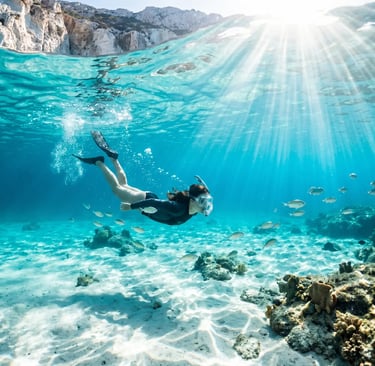 Snorkeler exploring crystal-clear turquoise water during Milos catamaran cruise to Polyegos