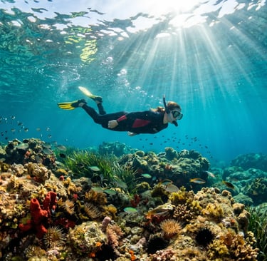 Woman snorkelling above vibrant coral reef in clear turquoise Adriatic Sea, Salento