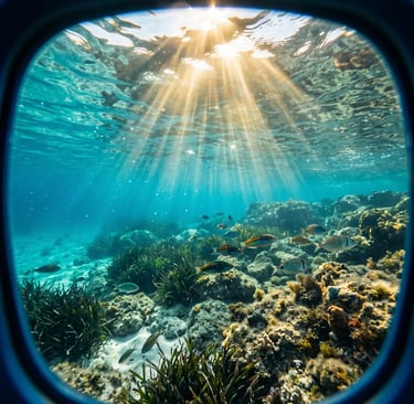 Underwater Adriatic scene with sunrays, colorful fish and sea grass through snorkel mask view
