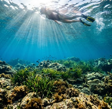 Snorkeler diving above posidonia seagrass in clear Adriatic water with sunrays, Puglia