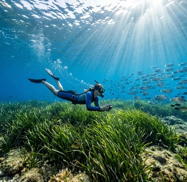 Woman snorkeling above seagrass meadow with school of fish in clear Adriatic water