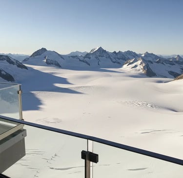 Panoramic view of Vallée Blanche glacier from Aiguille du Midi platform.
