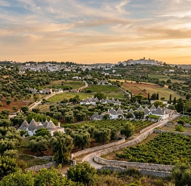 Trulli farmhouses and olive groves in Valle d'Itria Puglia at golden hour