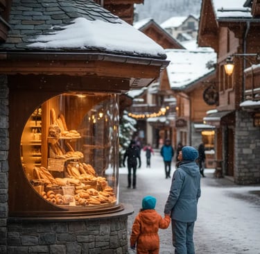 Cozy illuminated storefront in Avoriaz village at dusk with snow-covered chalets in the background.