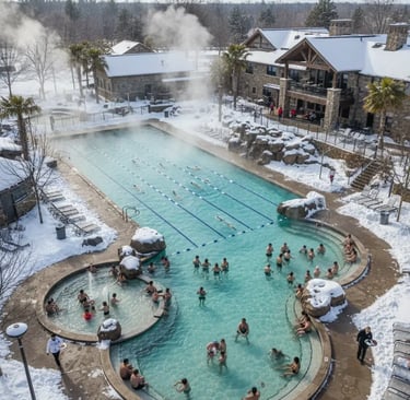 High-angle view of a large outdoor thermal spa complex with multiple swimming pools surrounded by sn