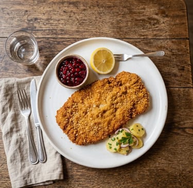 Golden vegan schnitzel on white plate with cranberry sauce lemon and potato salad