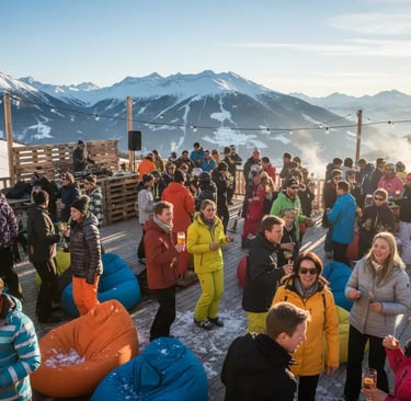 A crowded outdoor après-ski terrace with people enjoying drinks and music against a backdrop of snow