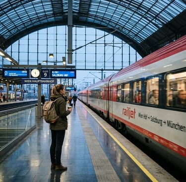 Solo female traveler with backpack standing on Vienna main station platform at dawn