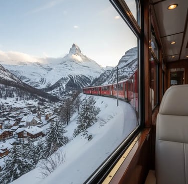 Breathtaking window view from inside the Gornergrat cogwheel railway looking down at the snowy Zerma