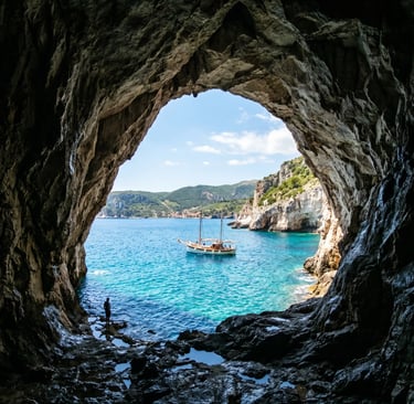 View from inside limestone sea cave with white sailboat on turquoise Adriatic water