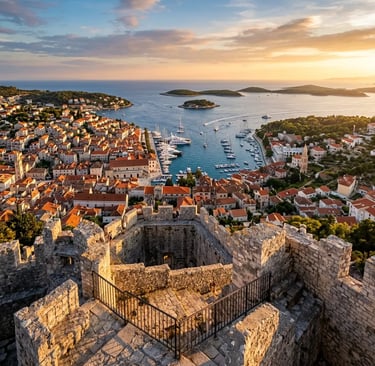 View from Španjola Fortress over Hvar Town harbor and Pakleni Islands at sunset