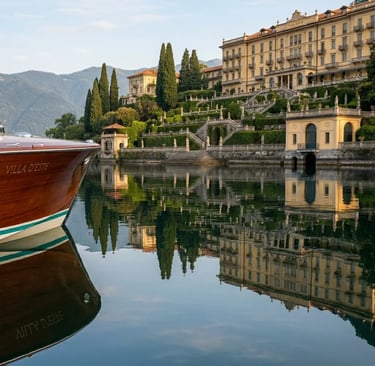 Riva mahogany boat moored before Villa d'Este Renaissance garden terraces Lake Como