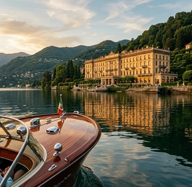 Historic wooden boat approaching Villa d'Este Cernobbio at golden hour Lake Como