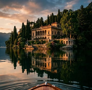 Villa del Balbianello at golden hour seen from private boat on Lake Como Lombardy Italy