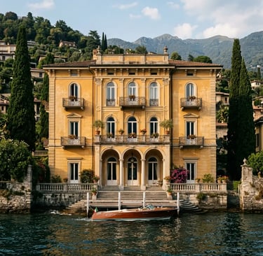 Villa Fontanelle neoclassical ochre façade viewed from private boat Lake Como
