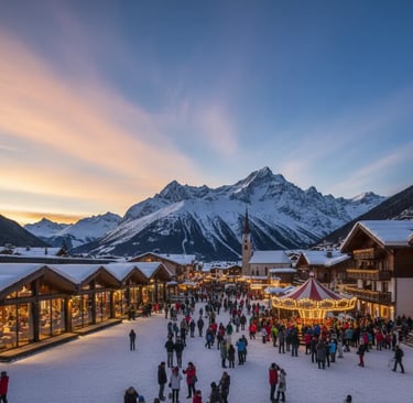 Panoramic twilight view of the snow-covered Courchevel village square, featuring a festive carousel 