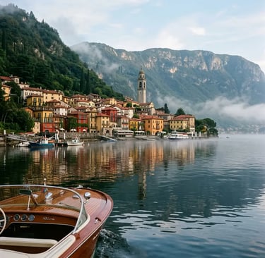 Colorful Italian village on Lake Como seen from a classic wooden boat in morning mist