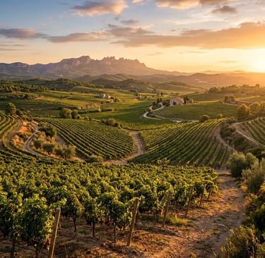 Panoramic sunset view of El Penedès vineyard valley with Catalan mountain backdrop