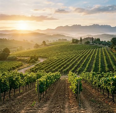 Penedès vineyard rows at sunrise with Montserrat mountains on the horizon