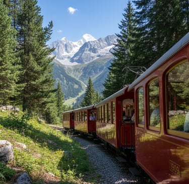 Red Montenvers train winding through pine forest to Mer de Glace.