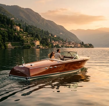 Luxury vintage wooden boat gliding on Lake Como at golden hour with lakeside villas