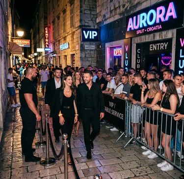 Couple walking past queue with VIP priority access at Split Croatia nightclub