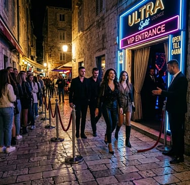 Group entering VIP nightclub past velvet rope on Split Croatia cobblestone street at night