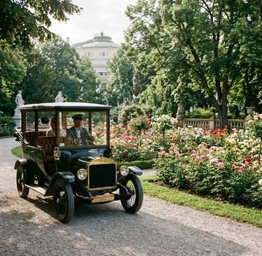 Green vintage car with chauffeur passing blooming rose garden in Volksgarten Vienna