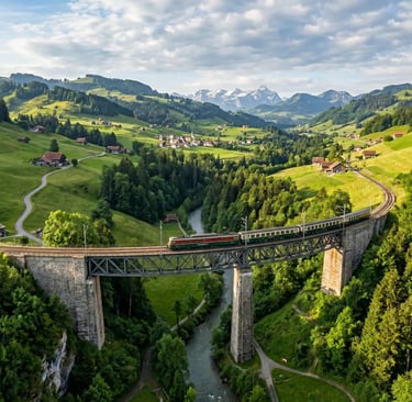 Green Voralpen-Express train crossing tall stone viaduct over river in lush Swiss Appenzell valley
