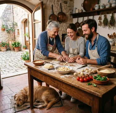 Italian nonna teaching couple to make orecchiette pasta as their dog rests under wooden table