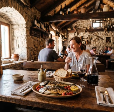 Grilled fresh fish and red wine at rustic Dalmatian konoba during Ston and Pelješac tour
