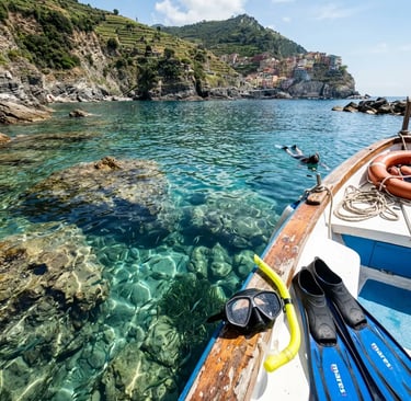 Snorkeling gear on boat deck with crystal clear water in Cinque Terre protected area