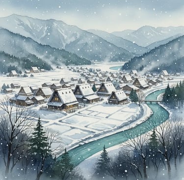 Watercolor painting of snowy Shirakawa-go village and river.