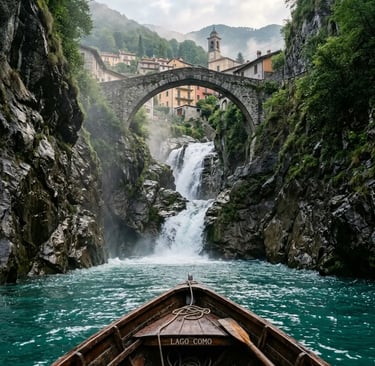 Orrido di Nesso waterfall viewed from a private boat beneath Ponte della Civera on Lake Como