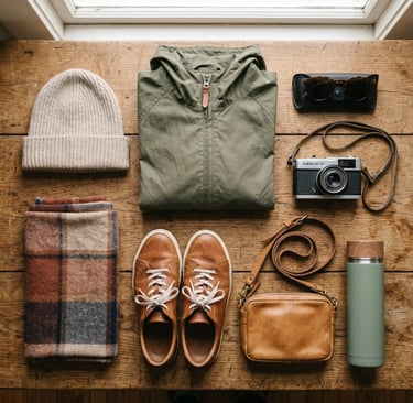 Flat lay of what to wear for Matera balloon ride: beanie, jacket, sneakers, camera