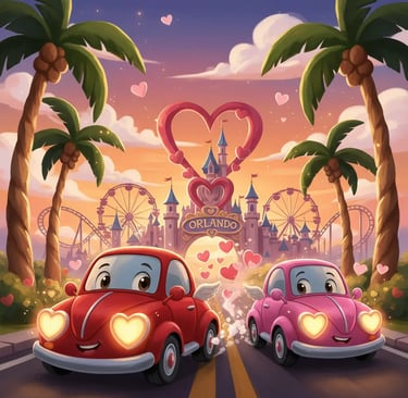 Cartoon illustration of a theme park entrance in Orlando with palm trees, heart arch, and cars.