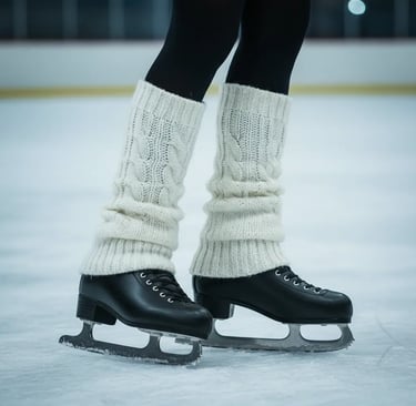 Aesthetic ice skating accessories featuring white knit leg warmers and black figure skates.