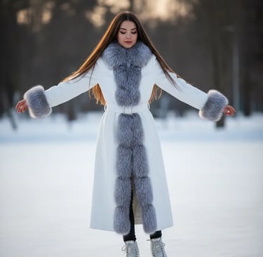 Luxury winter fashion for ice skating: a white longline coat with fur trim and professional white sk