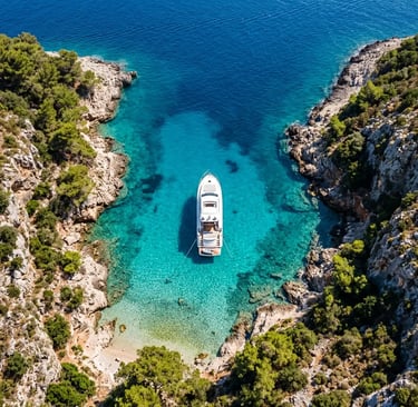 Aerial view of a private boat anchored in a turquoise cove near Split Croatia