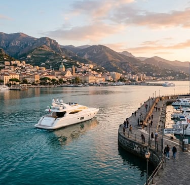 White boat departing Molo Manfredi pier in Salerno at sunset with mountains in background