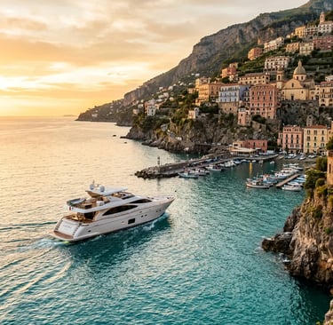 Private luxury boat departing Sorrento harbor along the Amalfi Coast at golden hour sunset