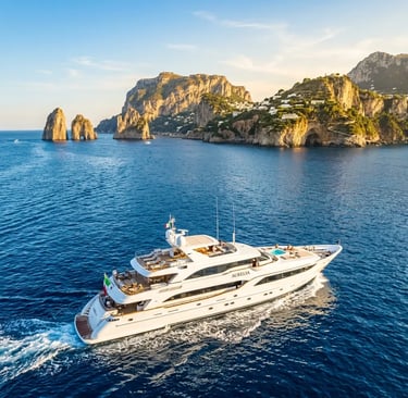 Luxury white yacht sailing past Faraglioni rocks off Capri island in the Tyrrhenian Sea