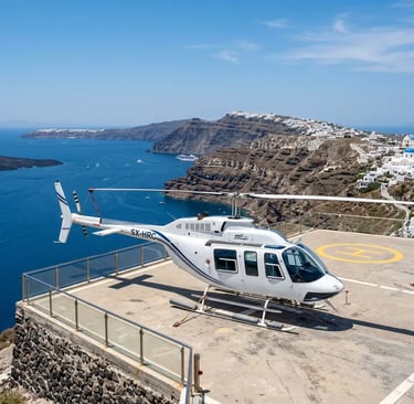 Bell 206 helicopter parked on Santorini helipad overlooking caldera and Aegean Sea