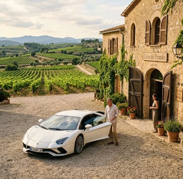 White Lamborghini parked at a historic Catalan winery estate with Penedes vineyards