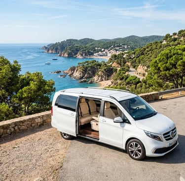 White private minivan parked at Costa Brava coastal overlook en route to Tossa de Mar