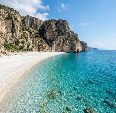 Secluded Paradise Beach Chomi Zakynthos with white pebbles and crystal turquoise Ionian Sea water